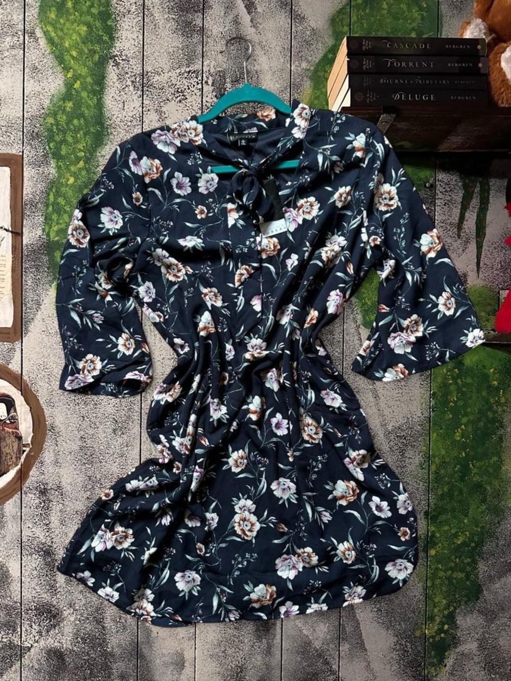bobeau Black Floral Tie-Neck Midi Dress